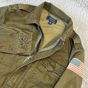 Polo Ralph Lauren Boys L 14-16 Military Field Jacket Olive Green USA Flag Casa